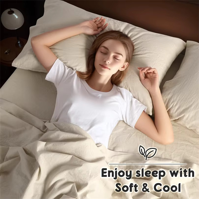 Dreamreal Bettwäsche-Set aus gewaschener Baumwolle und Leinen in Beige und Braun, bestehend aus Duvetbezug und Kissenbezügen, knitterfrei und minimalistisch im Plain-Design - Bild 3