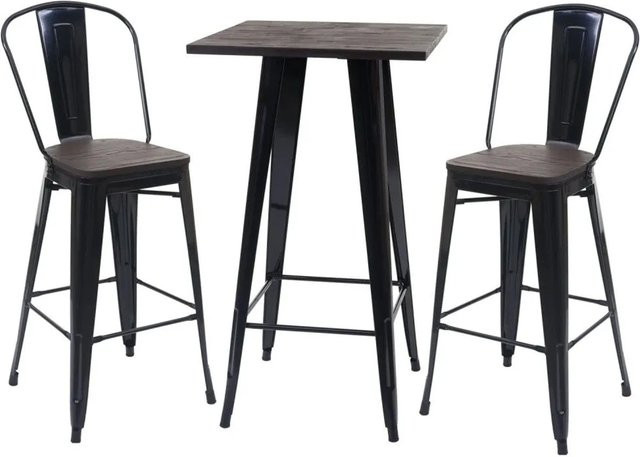 MCW Stehtisch-Set A73 mit 2 Barhockern aus Metall und Ulmenholz in Schwarz im Industriedesign - Bild 2