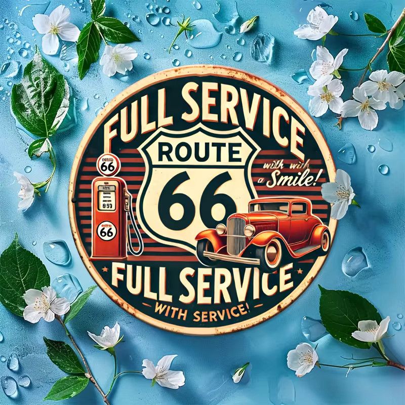 Potdemiel Retro Route 66 Full Service Aluminium-Wandkunstschild mit Auto- und Streifenmustern - Bild 5