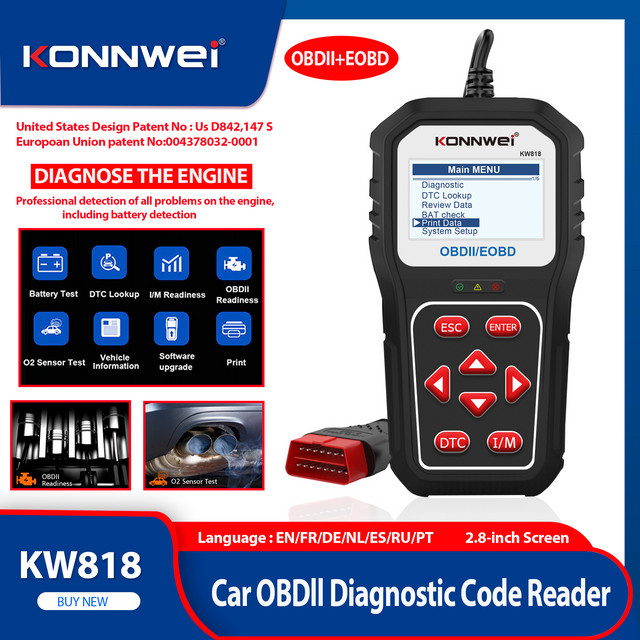 KONNWEI KW 818 OBD2 Auto Scanner mit Batterie Tester und Fehler Code Reader für Motordiagnose in Schwarz - Bild 1