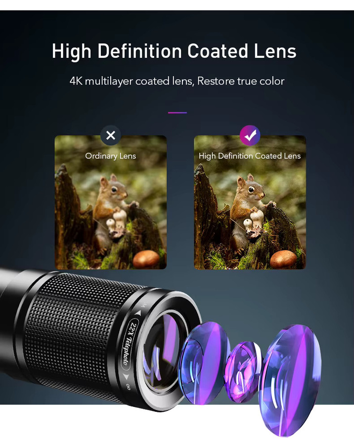 APEXEL 4in1 Kamera Objektiv Kit für iPhone und Samsung mit 22X Teleskop Zoom, Makro, Weitwinkel und Fisheye Objektiven inklusive Stativ und Fernbedienung, Schwarz - Bild 2