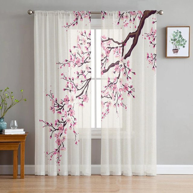 Yiran Furniture Kirschblüten-Pflaumenzweig Chiffon-Vorhang in Pink und Weiß, B: 135 cm, H: 274 cm - Bild 1