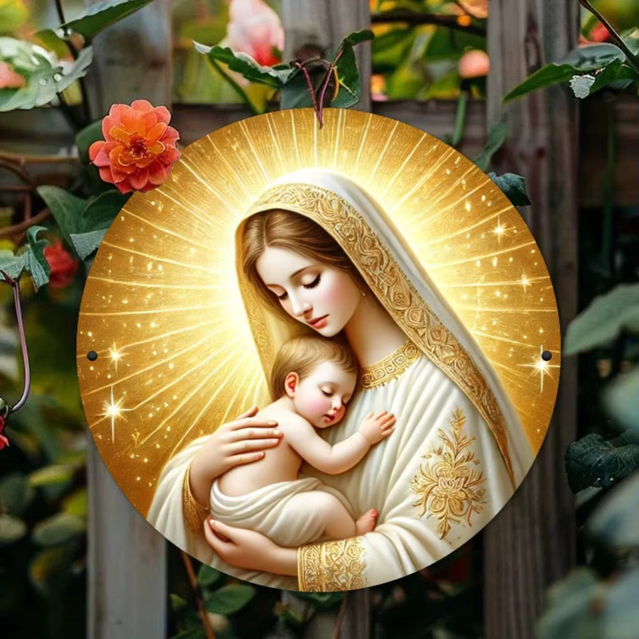 Potdemiel Vintage Wandkunst aus Metall: Rundes Jungfrau Maria Schild mit goldenem Halo und Jesus-Design, Farbe Gold - Bild 2