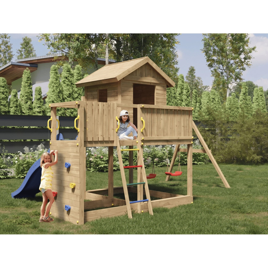 Fungoo Spielturm Galaxy L mit Doppelschaukel in Rot und Braun aus kesseldruckimprägniertem Holz und Metall - Bild 2