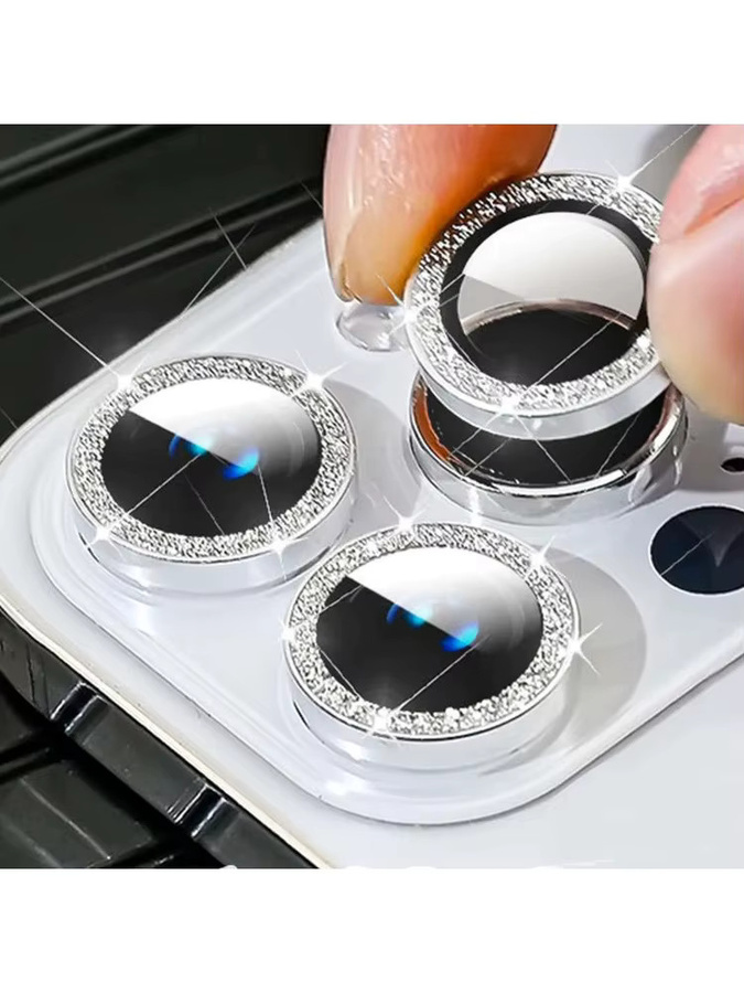 Glitzer Kameraobjektivschutz für Apple iPhone 15 Pro Max 14 13 12 11 Mini in Silber mit 9H gehärtetem Glas und Metallring - Bild 5