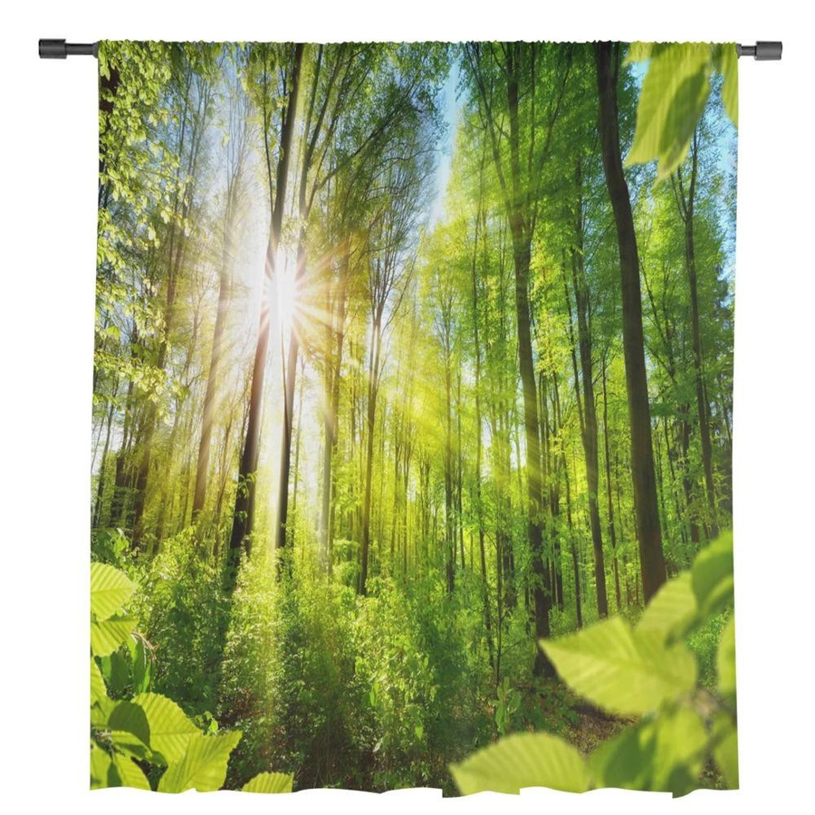 Yiran Furniture Transparente Tüll-Fenstervorhänge Grüne Waldsonne mit Landschaftsmotiv aus Organza, B: 135 cm, H: 115 cm - Bild 3