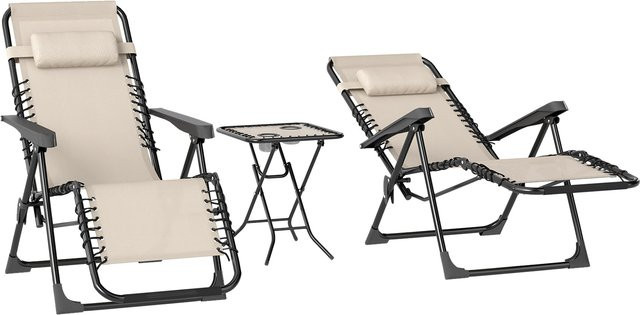 Outsunny Gartenliege Set 3-teilig in Beige aus Metall mit Teetisch, 2 Stühlen und Kopfkissen, klappbare wetterfeste Relaxliege mit verstellbarer Rückenlehne und Getränkehaltern, B/T/H: 90 x 56 x 110 cm - Bild 1