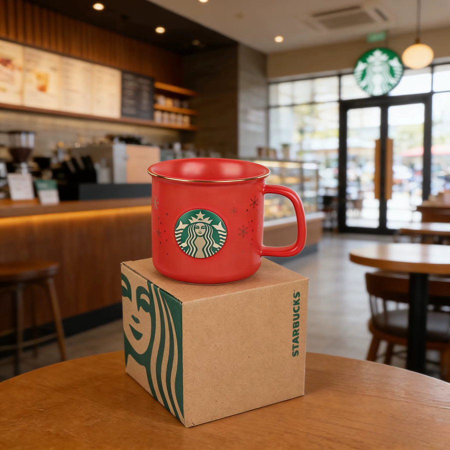 Starbucks Limited Christmas Keramikbecher in Rot mit Schneeflockenmuster und Bronzeabzeichen - Bild 3