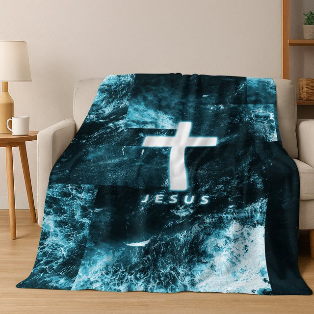 Faviora Flanelldecke mit christlichem Jesus-Motiv in Blau, weiche und warme Decke für Wohnzimmer, Büro oder Reisen - Bild 1