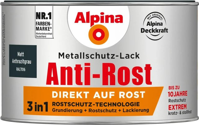 Alpina Metallschutz-Lack Anti-Rost in Anthrazitgrau matt, 300 ml - Bild 1