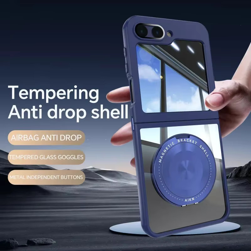 Magnetische Samsung Galaxy Z Flip 7FE 6 5 4 3 Handyhülle mit transparentem Gehäuse, mattfarbenem Rahmen in Blau und drehbarem Ringständer für optimalen Schutz - Bild 3