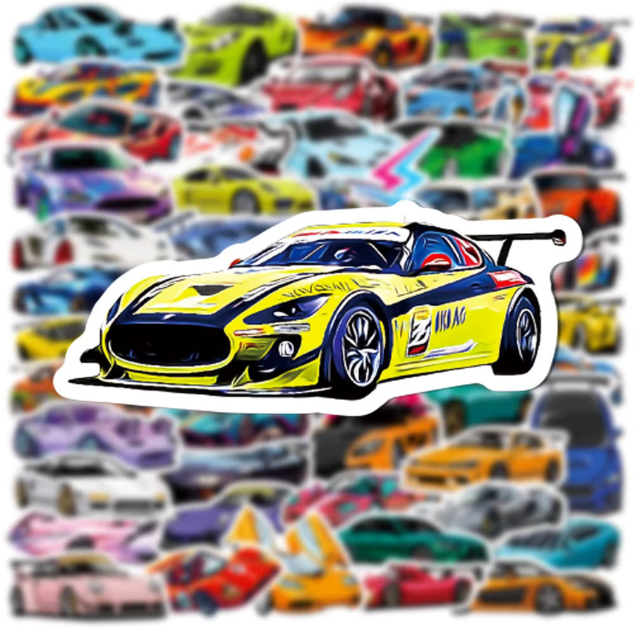 50 Stück Cartoon Supercar Retrofit Rennwagen Aufkleber Set in Multicolour zur Dekoration von Skateboard, Laptop und Notizbuch für Kinder - Bild 3