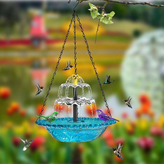 APWIKOGER Solar-Vogelbad mit Solarpumpe und blauer Glasschale, rundes Kolibri-Futterspender für Garten und Terrasse - Bild 1