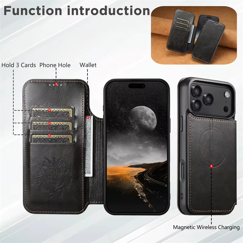 Newteneight Luxus Leder Brieftasche und Kartenhalter als magnetische MagSafe Hülle für iPhone 17 Air, 16, 15, 14, 13, 12 Pro Max in Schwarz - Bild 4