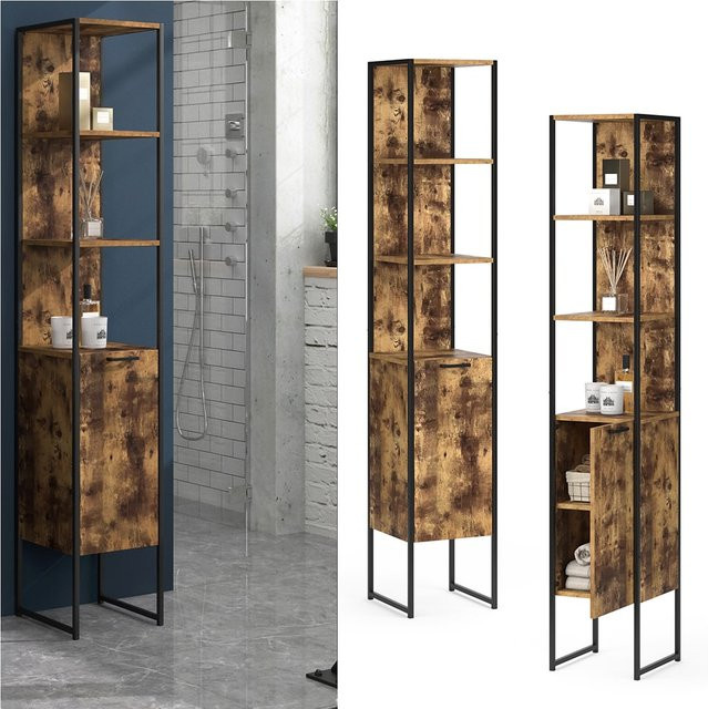 Vicco Badschrank Fyrk Vintage Hochschrank mit 5 Fächern in Braun und Schwarz, B: 33 cm, H: 185 cm - Bild 1