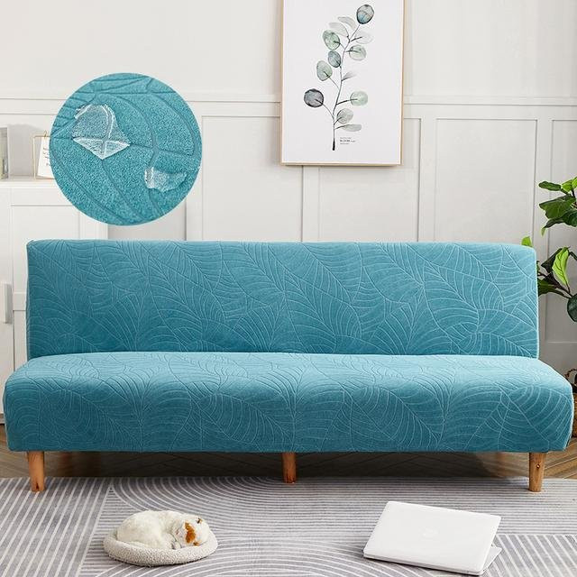Wasserdichte Jacquard-Schlafsofa-Abdeckung für armlose Sofas in Blau, Waschbare Futon-Möbelabdeckung mit floralem Muster, Breite: 155-185 cm - Bild 1