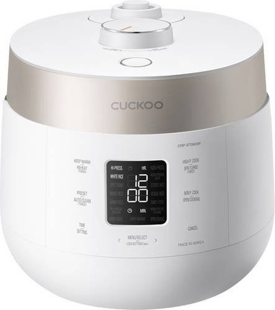 Cuckoo Reiskocher CRP-ST0609F in Weiß Matt mit Champagne Gold Antihaftbeschichtung und LCD-Display