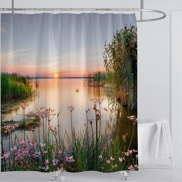 Wasserdichter Duschvorhang mit modernem 3D-Wald-Landschaftsdesign in Grün und Multicolour inklusive Haken, Breite: 90 cm, Höhe: 180 cm - Bild 1