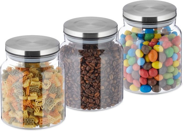 Relaxdays Vorratsgläser 3er Set aus Glas, transparent mit silbernen Details, luftdicht, Volumen: 1100 ml, Höhe: 14 cm, Durchmesser: 12 cm - Bild 1