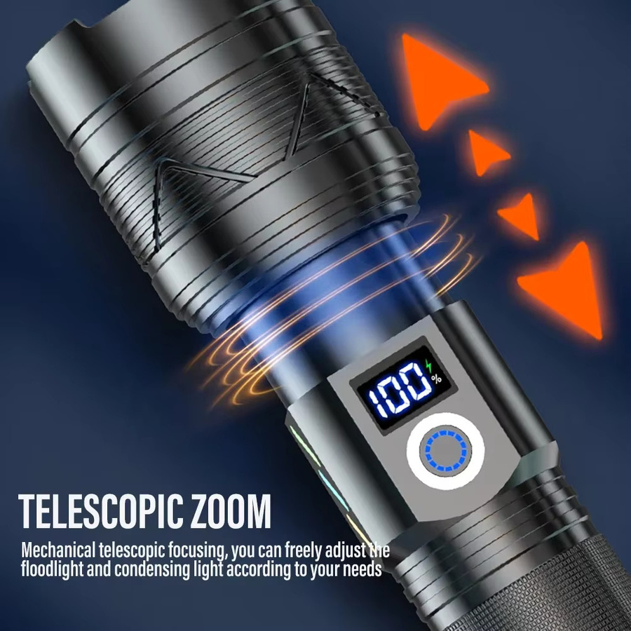 ZHIYU LED-Taschenlampe mit 10000 Lumen, USB-Aufladung, Teleskop-Zoom und Leistungsanzeige, Schwarz - Bild 4