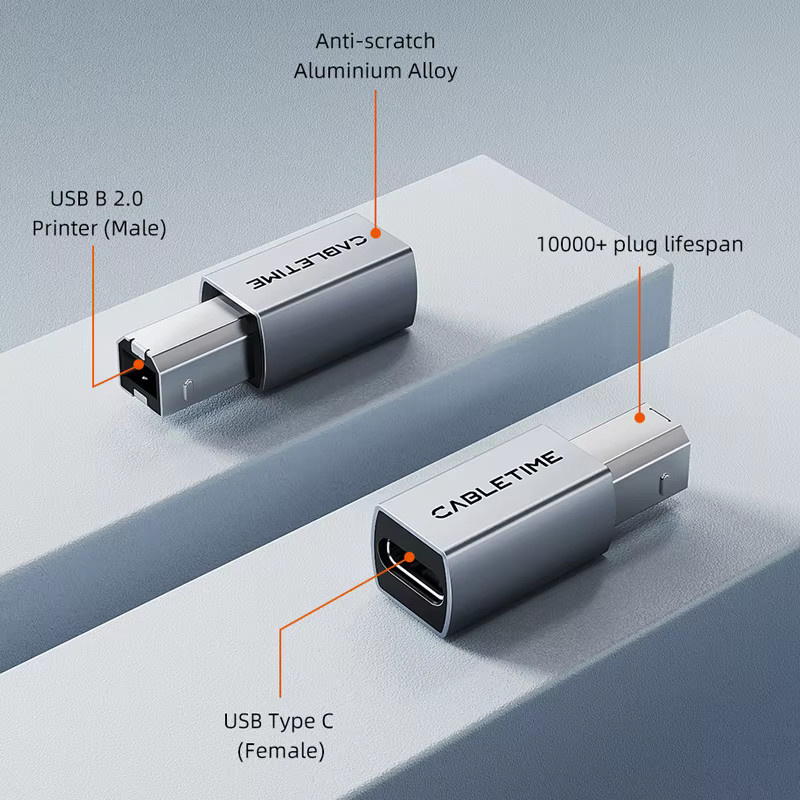 CABLETIME USB-C auf USB-B Druckeradapter mit Aluminiumgehäuse für 480Mbps Datenübertragung - Bild 2