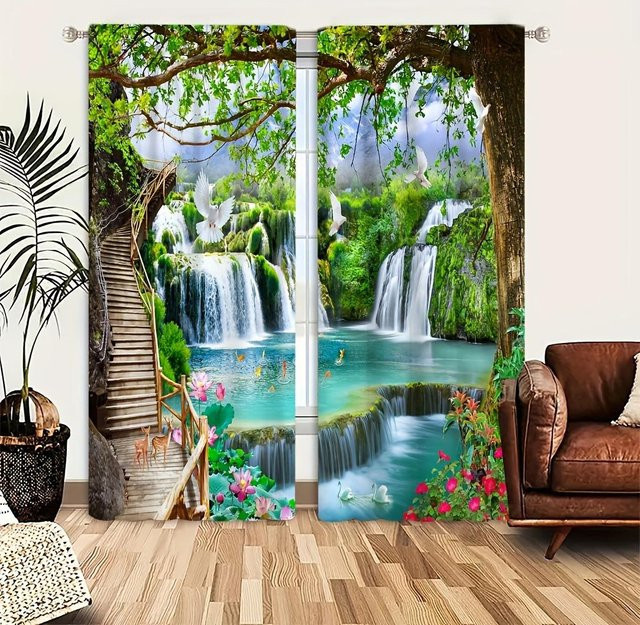 Zweiteiliges Dekovorhänge-Set mit Waldlandschaft und Wasserfall Motiv, halbtransparent, Mehrfarbig, B: 50 cm, H: 130 cm - Bild 1