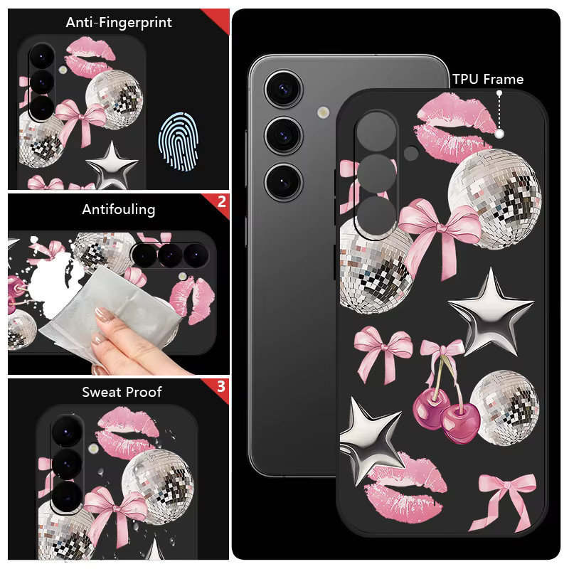 Samsung Handyhülle aus weichem TPU-Silikon mit Schleifenmuster und Kirschen sowie Trageband in Purple und Black für Galaxy S25 S24 S23 S22 Ultra Plus FE - Bild 3