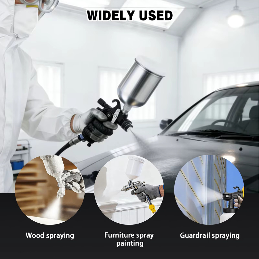 KCNKCN HVLP Spritzpistole Set für Automotive Lackierungen in Schwarz mit Düsen 1,4mm, 1,7mm, 2,0mm und 2,5mm sowie Luftkompressor-Regler - Bild 2