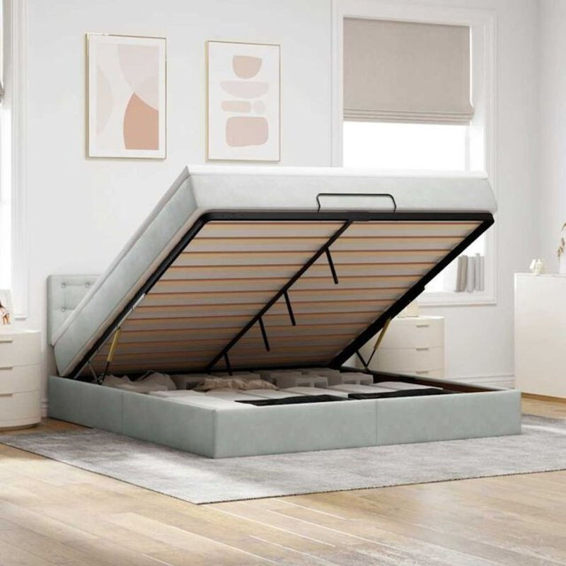 Vidaxl Ottoman Polsterbett mit Matratze und LED in Hellgrau Samt, B/T/H: 160 x 200 x 88 cm - Bild 1