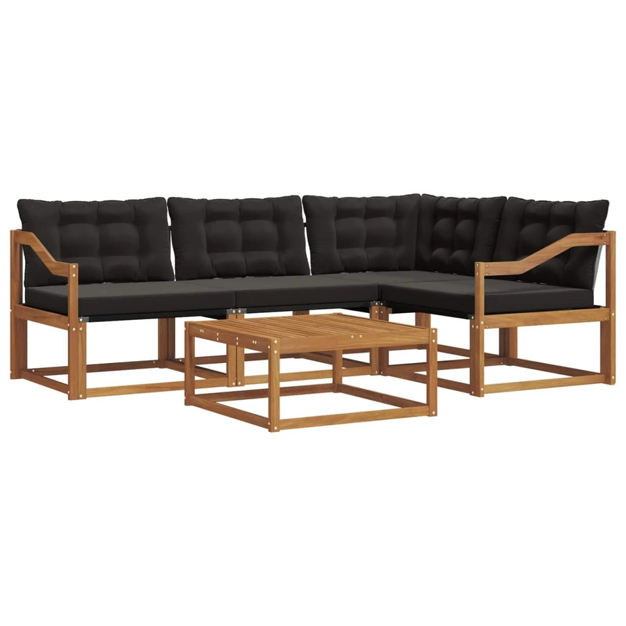 vidaXL Outdoor-Sofagarnitur 5-teilig aus Akazienholz und Textilene in Natur und Schwarz mit Kissen und Armlehnen - Bild 2