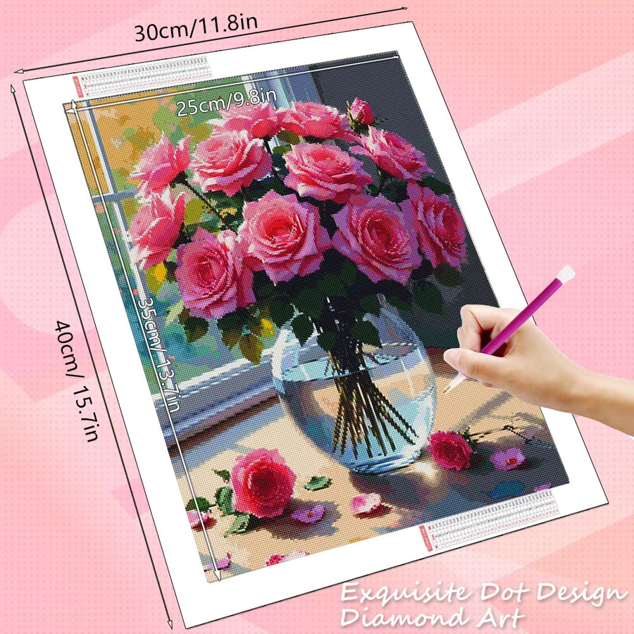 HUACAN Diamant-Mosaik Set mit Blumen-Motiv als Tischbild, Rosen und Sonnenblumen, runde Strasssteine, Breite: 20 cm, Höhe: 30 cm - Bild 1