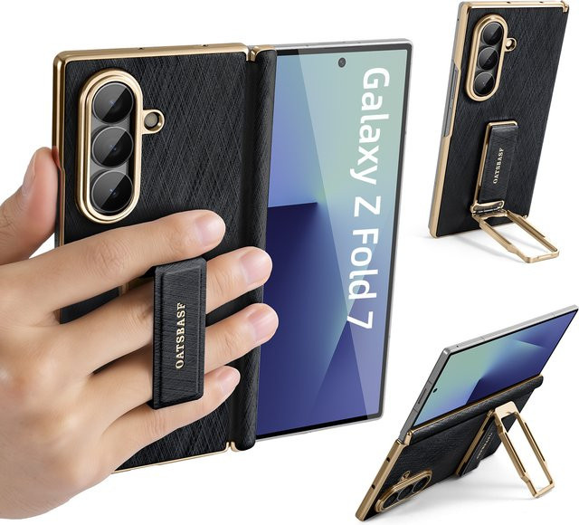 Oatsbasf Handyhülle für Samsung Galaxy Fold 7 aus Leder mit Trageriemen und 360 Grad drehbarem Metallständer in Schwarz und Silber - Bild 1