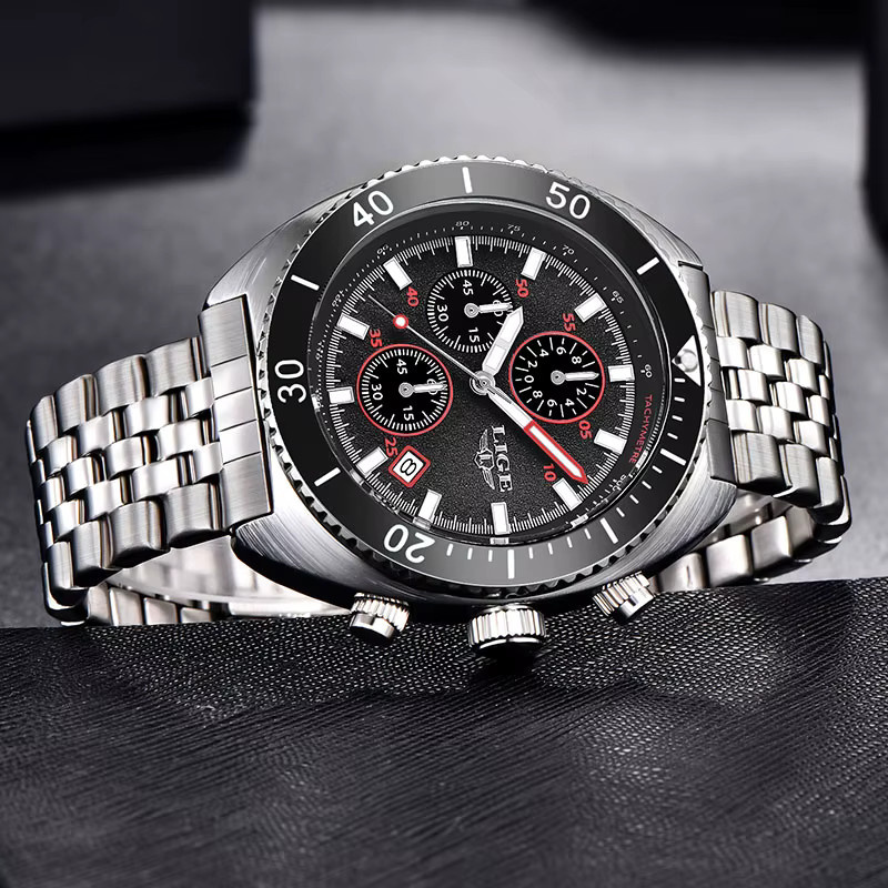 LIGE Armbanduhr Edelstahl, Quarz, Schwarz, Silber, Herren - Bild 3