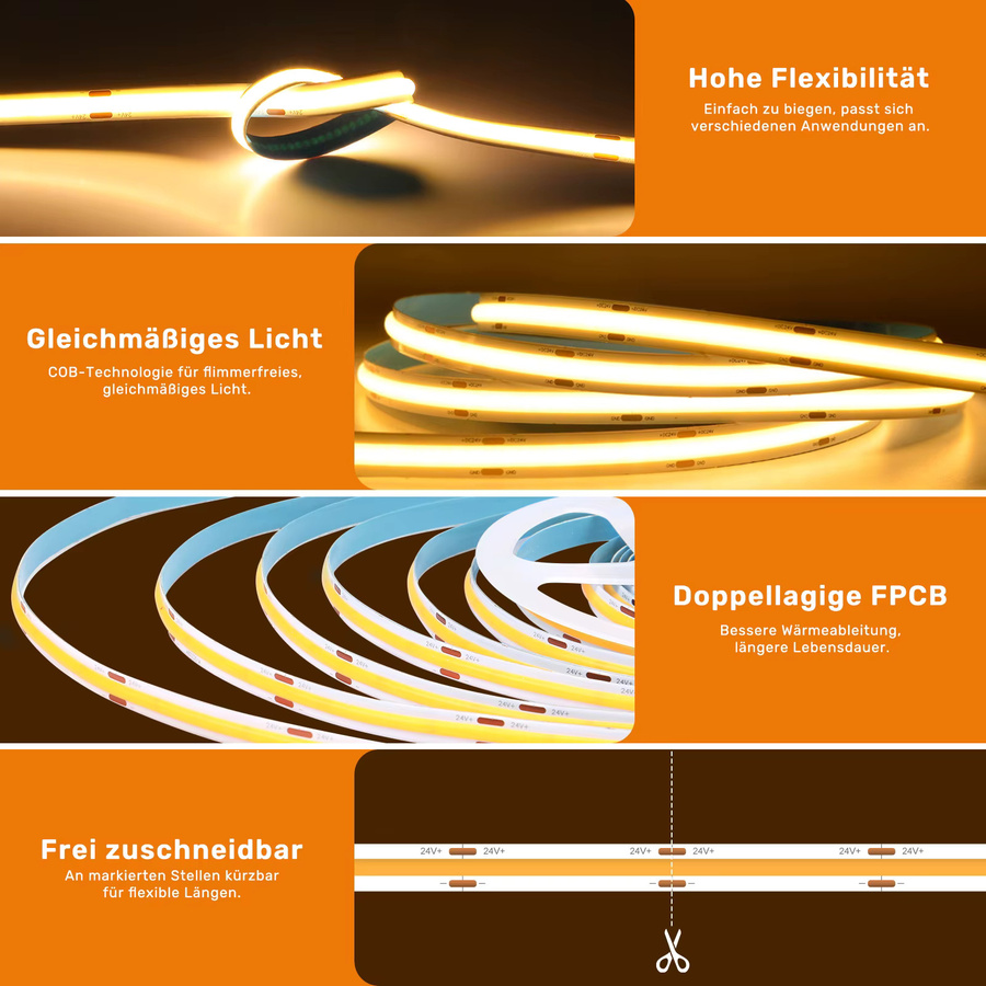 5er-Pack Oraymin COB-LED-Streifen 24 V, warmweiß 3000 K, selbstklebende Lichtstreifen 2 m Länge, 8 mm Breite - Bild 3