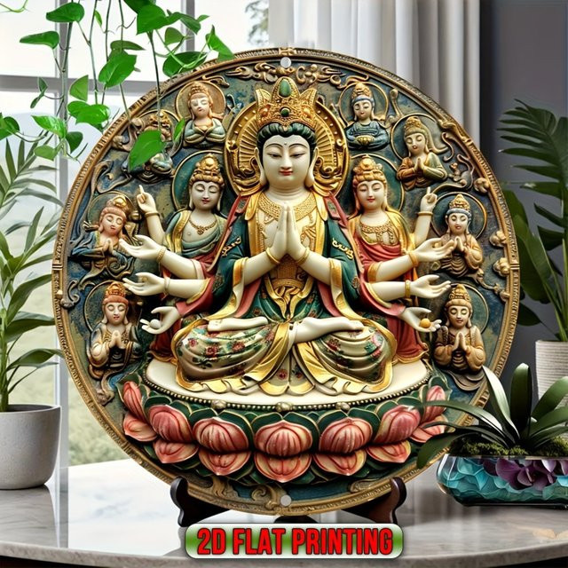 CIFBUY Buddhistische Metallwandkunst Mandala im Vintage-Stil, rundes Tibetisches Dekor in Grün, Gold und Rot für Meditation und Heimtempel - Bild 1