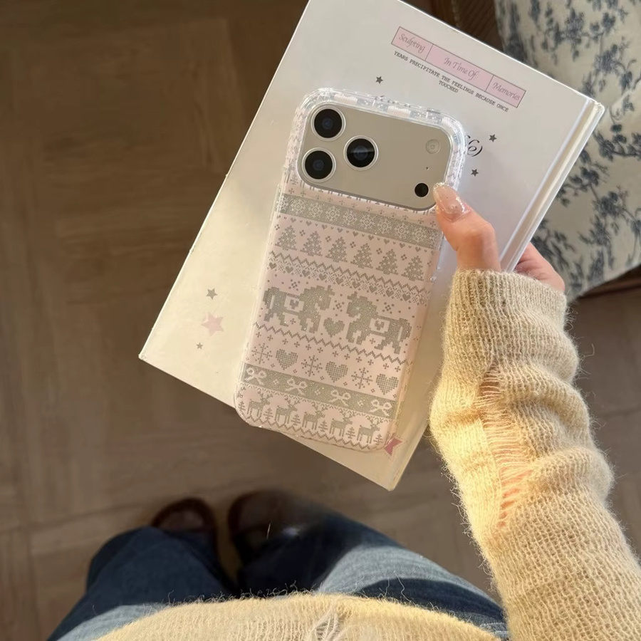 Stoßfeste Handyhülle mit rosa Strickmuster, Pferd und Schneeflocken für iPhone 17, 16, 15 und 14 Pro Max - Bild 3