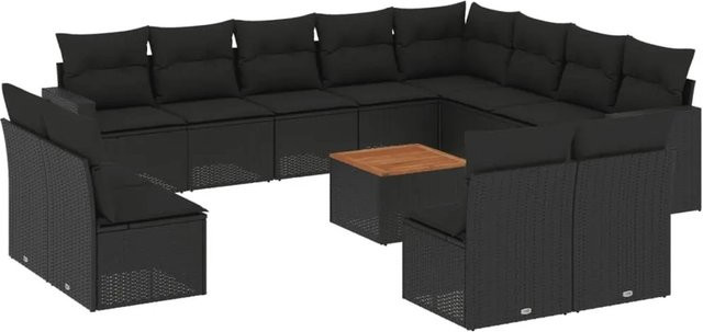 vidaXL 13-teilige Garten-Sofagarnitur in L-Form aus Polyrattan und Akazienholz mit Kissen, Schwarz - Bild 1