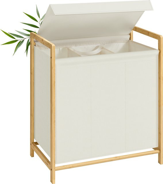 SONGMICS Wäschesammler mit Deckel und 3 Fächern, Bambusrahmen, abnehmbare Wäschesäcke, 150 L, beige, B: 120 cm, H: 78 cm, T: 65 cm - Bild 1