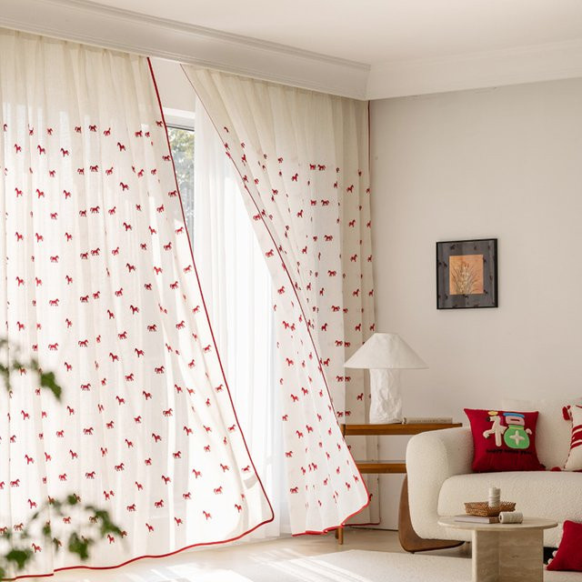 CENTURyMiG Transparenter Vorhang mit Pferdemotiv im Vintage-Stil, Beige/Weiß, B: 200 cm, H: 100 cm - Bild 1