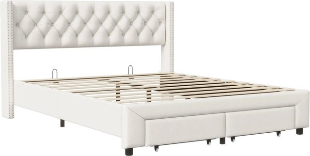 PXloue Polsterbett mit Schubladen und USB-Ladefunktion sowie Unterbettbeleuchtung, Beige, B/T/H: 180 x 200 x 102 cm - Bild 1