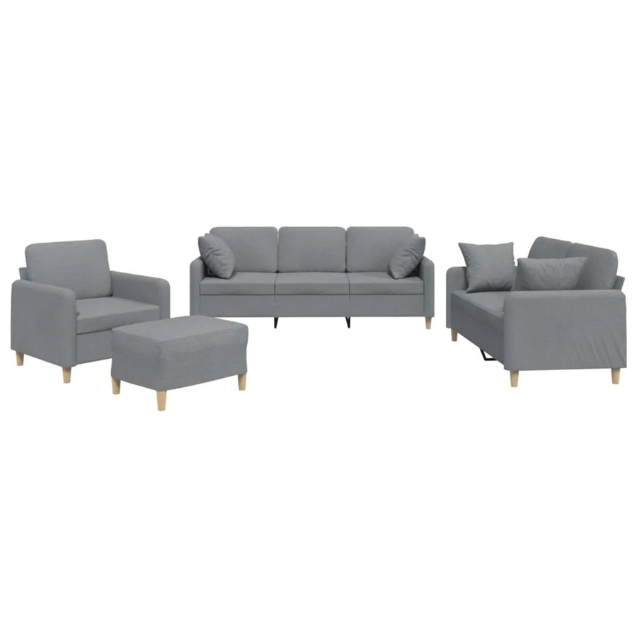 vidaXL 4-teilige Sofagarnitur mit Kissen in Hellgrau aus Stoff bestehend aus 3-Sitzer, 2-Sitzer, Sessel und Ottoman - Bild 2