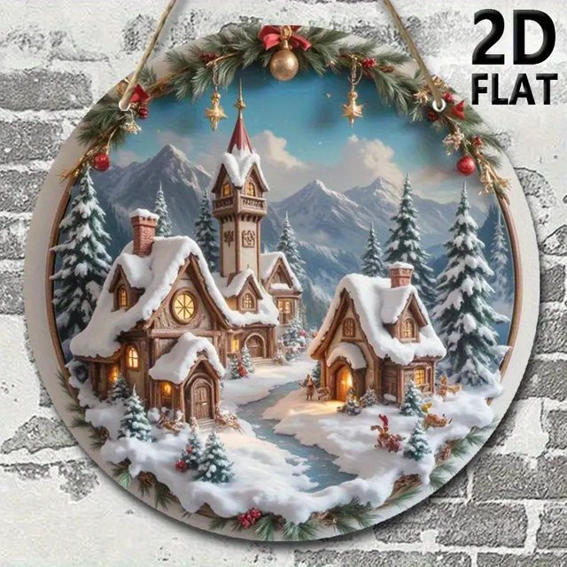 Runde Weihnachtsdorf-Wanddekoration aus Holz mit verschneiter Hütte, Kiefern und roten Beeren in Weiß, Rot und Multicolour, Durchmesser: 20 cm - Bild 1