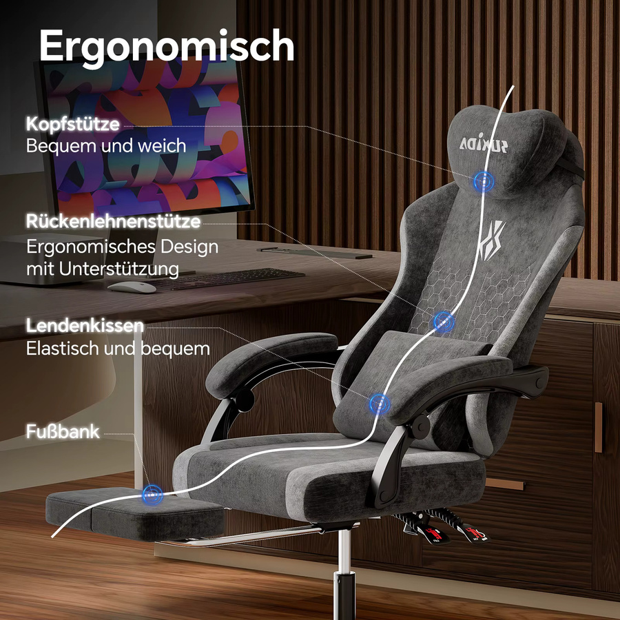 SUKIDA Gaming-Stuhl in Grün, ergonomischer Stoff-Bürostuhl mit Kopfstütze und Armlehnen für Erwachsene - Bild 3