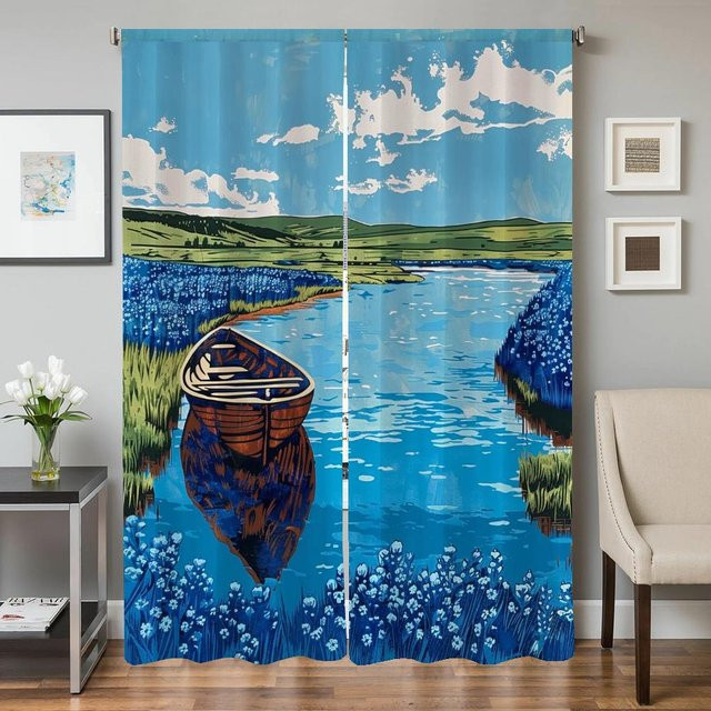 2er-Set semi-transparente Verdunkelungsvorhänge mit Grafikdesign in Blau für Wohnzimmer, Küche und Schlafzimmer, Breite: 50 cm, Höhe: 70 cm - Bild 1