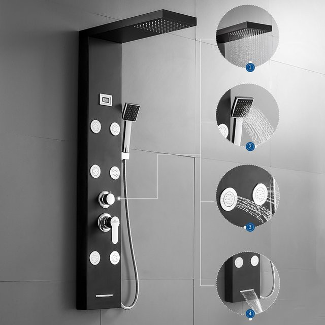 CECIPA max Duschsäule aus Edelstahl 304 in Matt Schwarz mit Display, Regenduschkopf, Wasserfall und Handbrause für 4-Funktions-Hydromassage - Bild 1