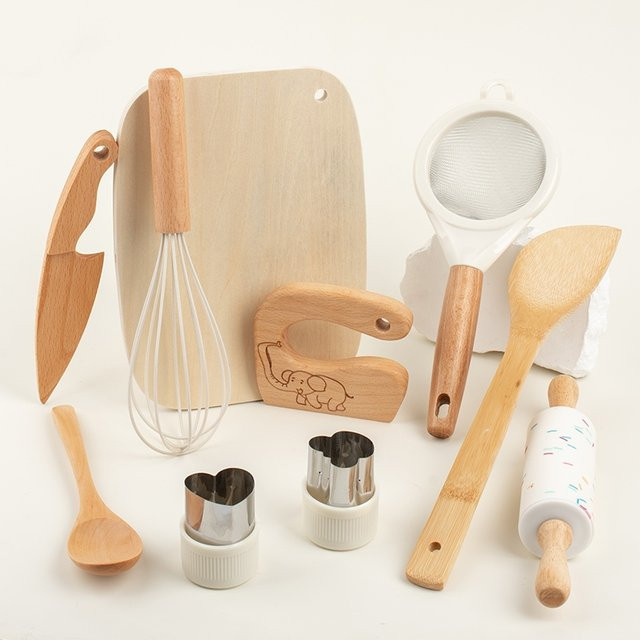 LOLOTREE Kinder-Backset aus Holz mit sicherem Messer für die Kinderküche, Montessori Spielzeug für Jungen und Mädchen in Natur und Multicolour - Bild 1