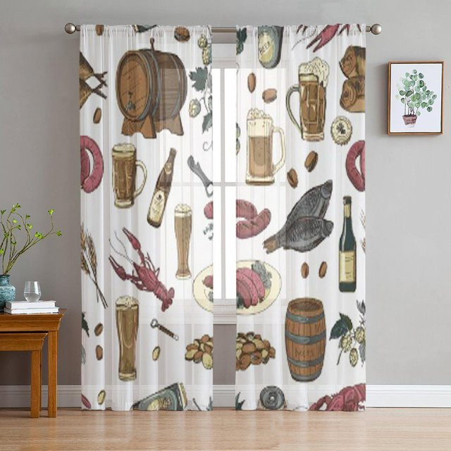 Super Six Transparente Voile Organza Vorhänge mit buntem Bier Handzeichnung Muster in Weiß, Breite: 135 cm, Höhe: 114 cm - Bild 1