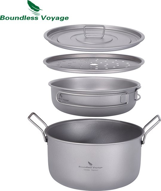 Boundless Voyage Camping-Kochtopf Set aus Titan in Silber, multifunktionaler Dampfgarer, Suppentopf und Bratpfanne mit Deckel, Ti2057C - Bild 1