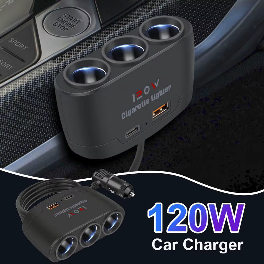 3 in 1 Dual USB Auto Ladegerät 120W Zigarettenanzünder Splitter für 12V 24V in Schwarz - Bild 2