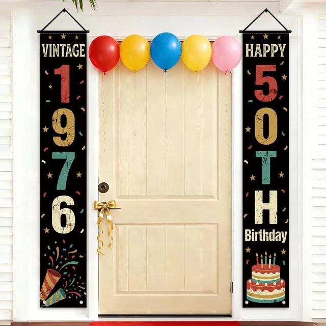 OURFETE Retro-Türbanner zum 50. Geburtstag Vintage 1976 Happy 50th Veranda-Dekoration Schwarz B/H: 180 x 30 cm - Bild 1